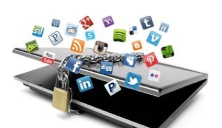 Digital Assets Representation of Digital Assets showing a laptop locked with social app icons floating around it