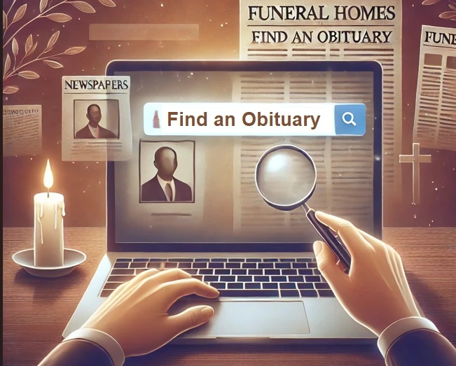 How to Find an Obituary – A Guide to Online and Newspaper Searches Laptop screen displaying "Find an Obituary" with icons for newspapers, funeral homes, and online databases.