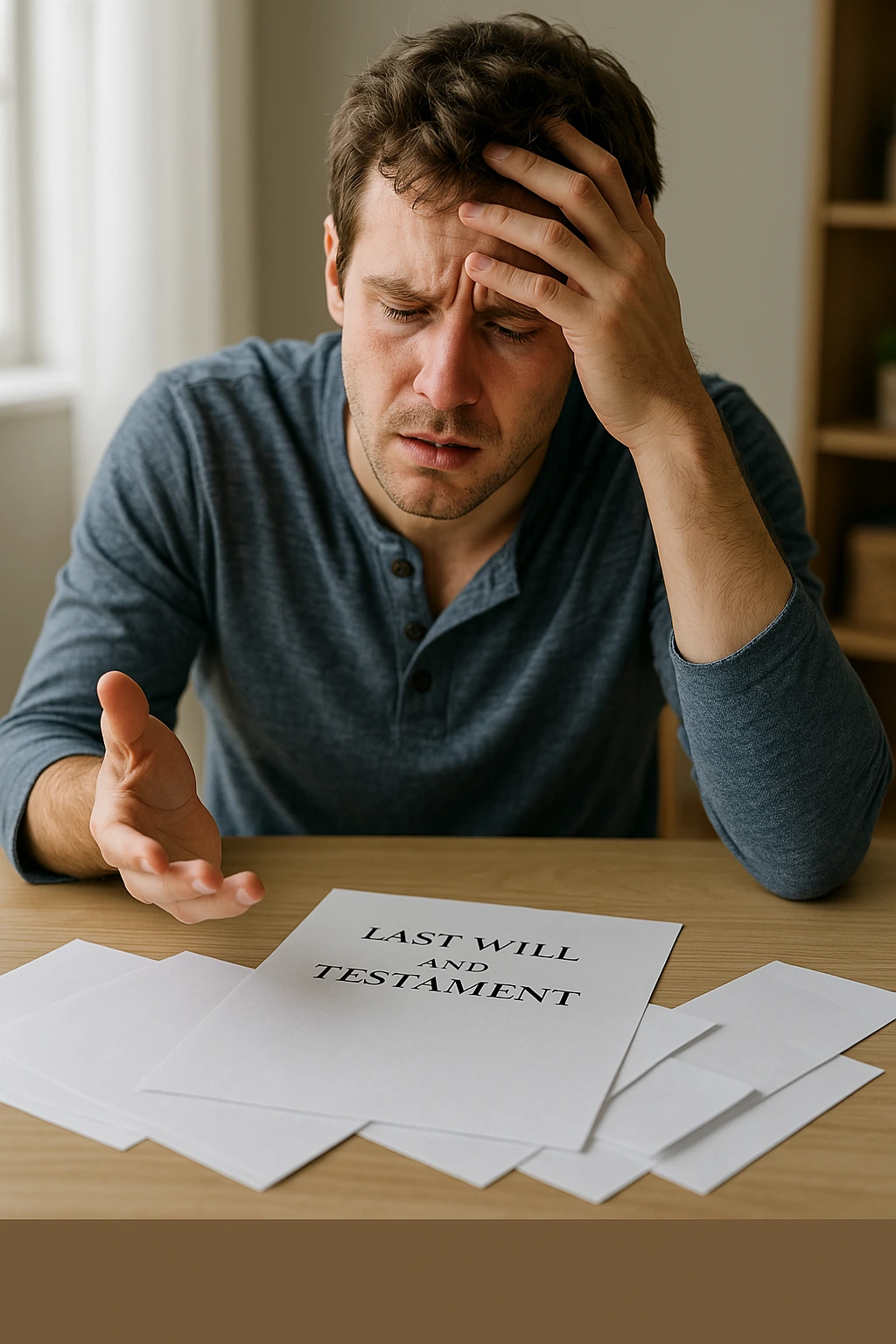 Are you named in a will but can’t find it Man looking distraught while searching for a missing will, "Last Will and Testament" visible on table