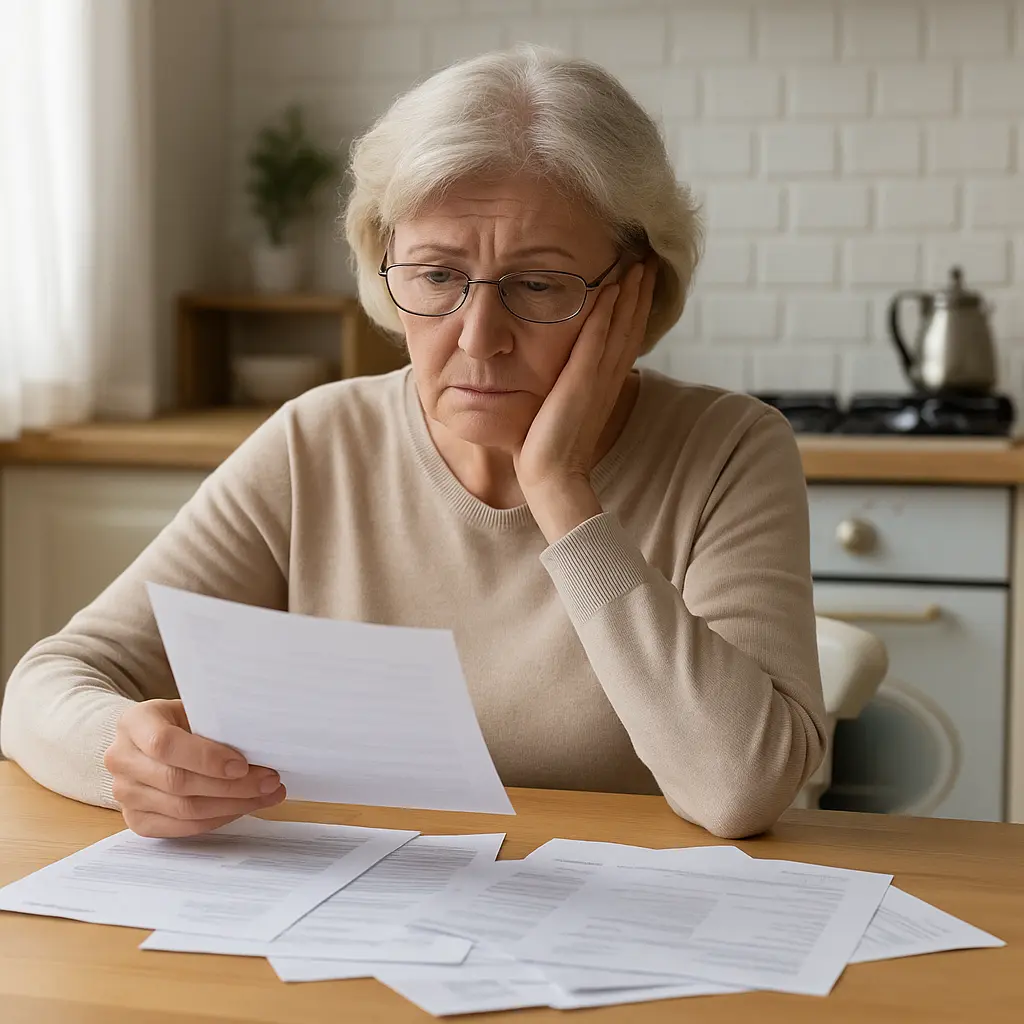 Woman Wondering What Happens to My Bills When I Die Elderly woman reviewing bills at her kitchen table, concerned about what happens to her debts after her passing