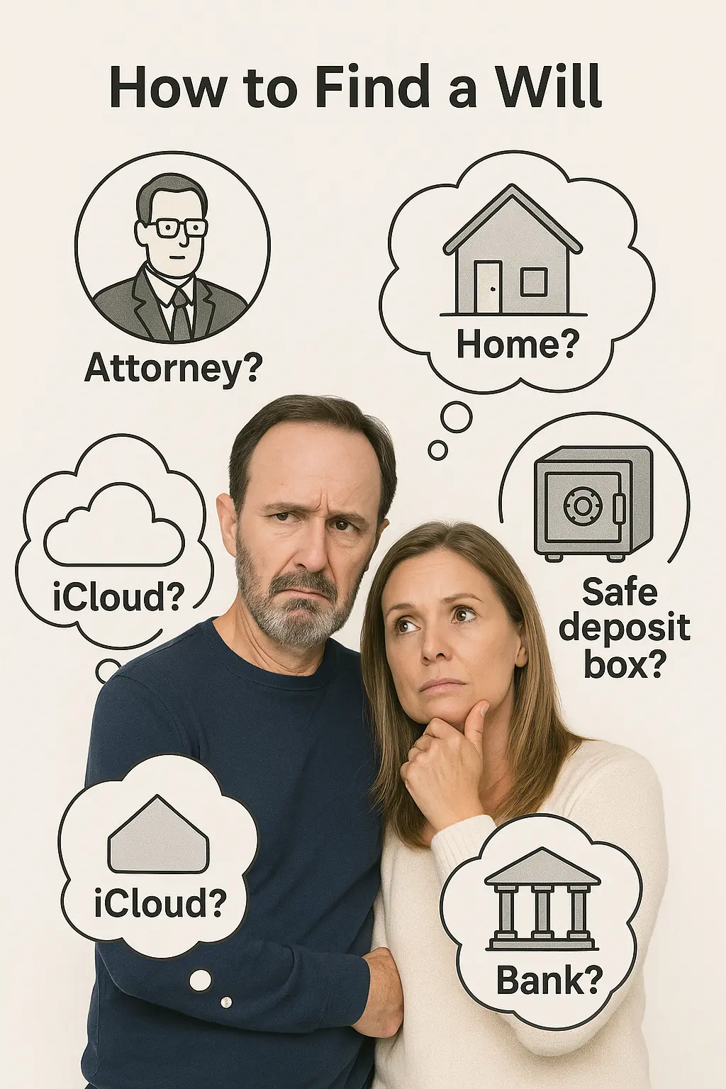 ChatGPT Image Jun 16, 2025, 06_37_48 PM Middle-aged couple wondering how to find a will, with thought bubbles showing home, bank, attorney, and iCloud.