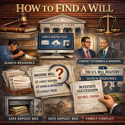 How To Find A Will Search Process Guide How to find a will infographic showing steps to locate a missing will.