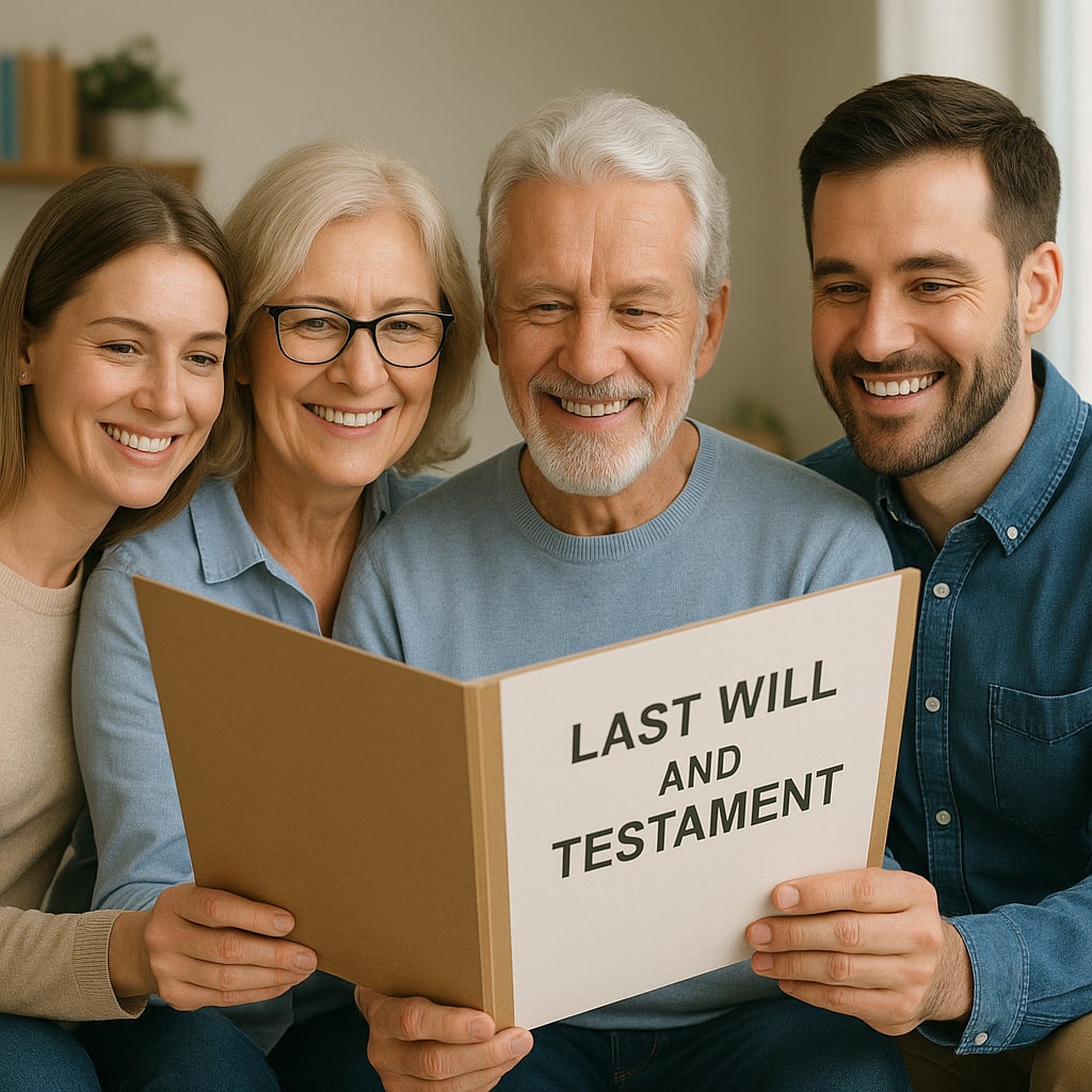 Children-acknowleges-father-took-time-to-create-a-will Happy family holding a folder as they create a will together