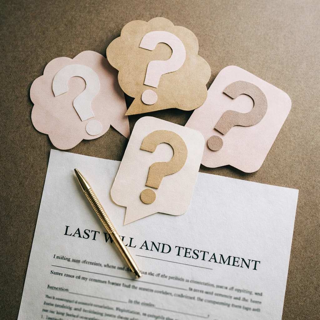 Inheritance Question Over Last Will and Testament inheritance for non immediate family shown with question marks over a last will and testament