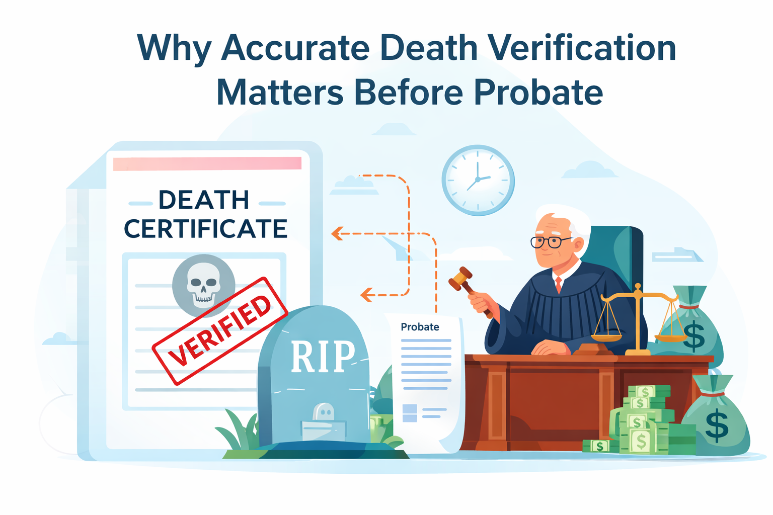 Why Accurate Death Verification Matters Before Probate Why Accurate Death Verification Matters Before Probate illustrated with verified death certificate and probate judge