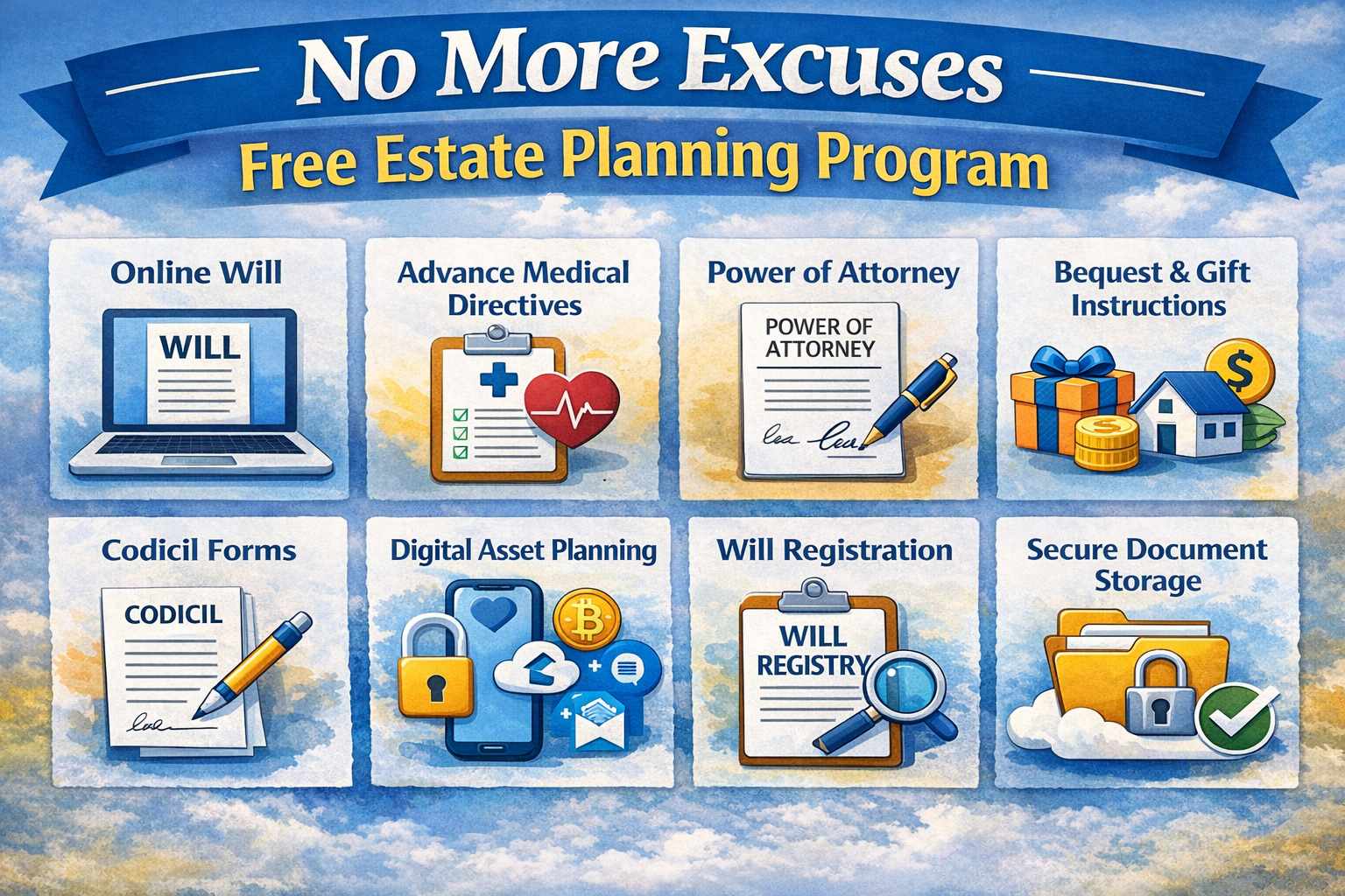 No More Excuses Free Estate Planning Program Overview Free Estate Planning program showing online will and legal document services