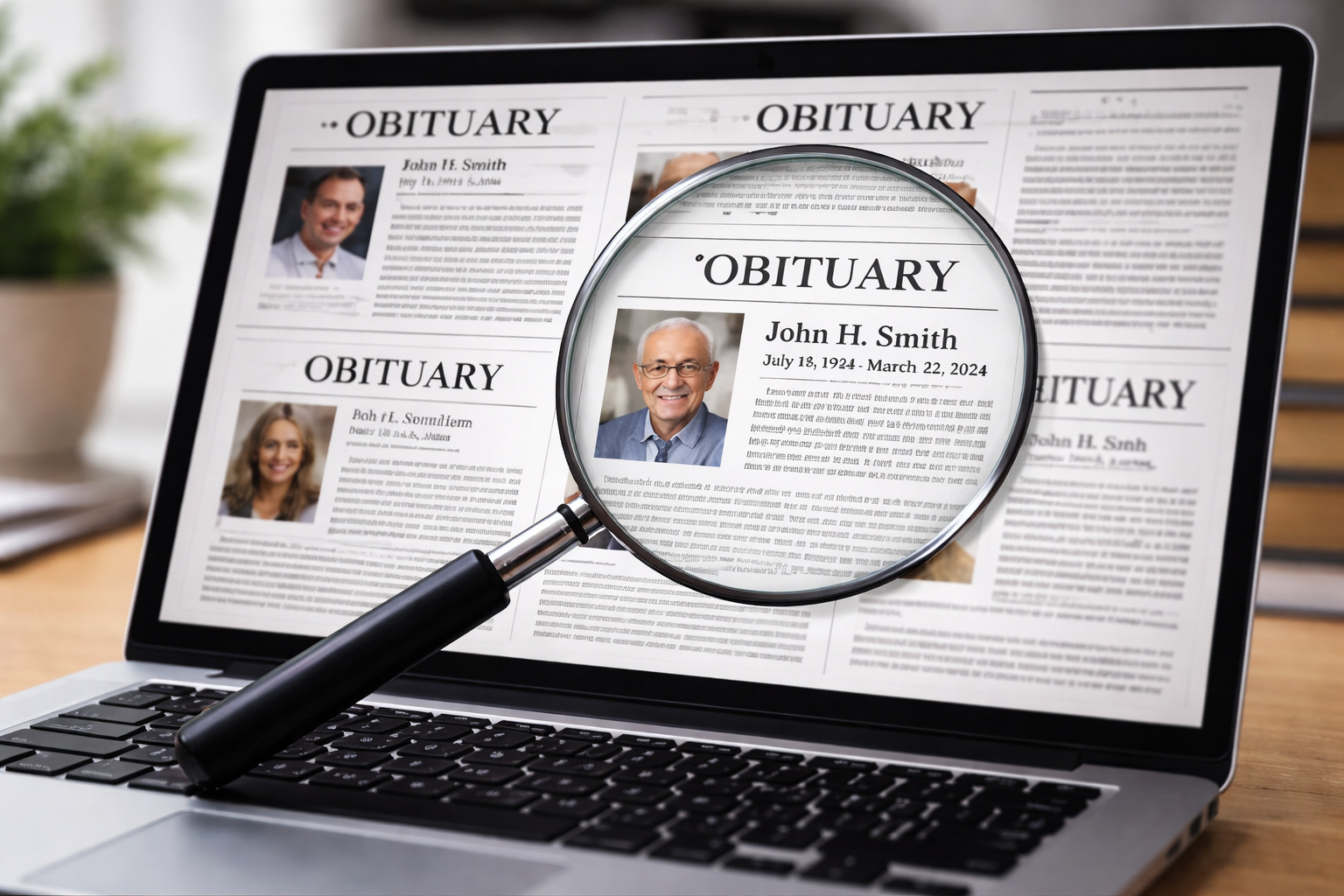Why you can’t find an obituary Why you can't find an obituary magnifying glass searching obituary listings on computer screen