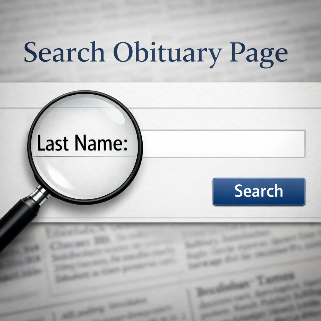 Obituaries By Last Name Search Page Obituaries by last name search page showing a last name field with magnifying glass.